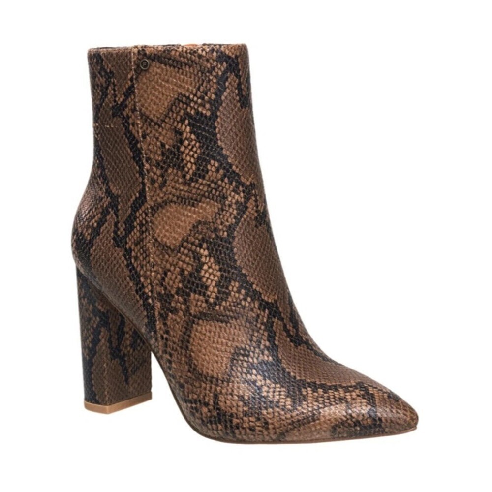 French Connection Women Snake Brown Faux Leather Tori Heel Ankle Bootie 6.5